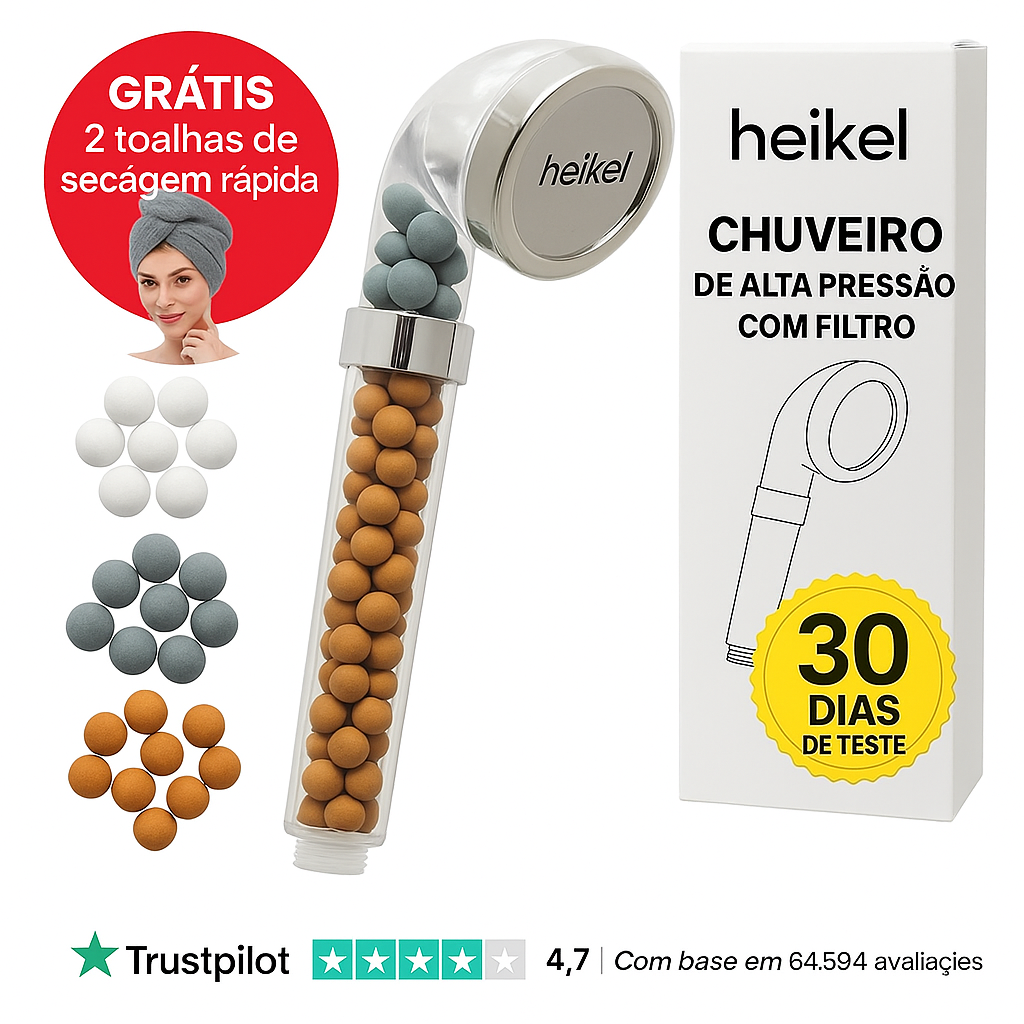 Heikel 3x | O chuveiro iónico inovador que aumenta a pressão da água e cuida da sua pele com o seu filtro triplo (+ HOJE 2 toalhas de oferta)