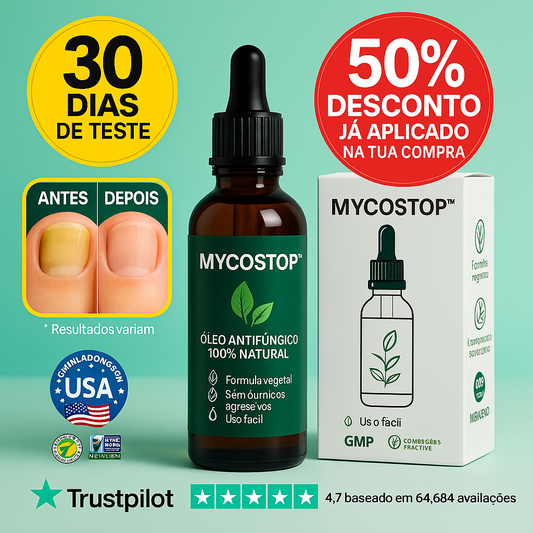 Óleo Natural MycoStop™ – Unhas prontas para praia e piscina: elimina fungos desde a raiz e apaga o amarelo (Com remédios naturais + Envio GRÁTIS)