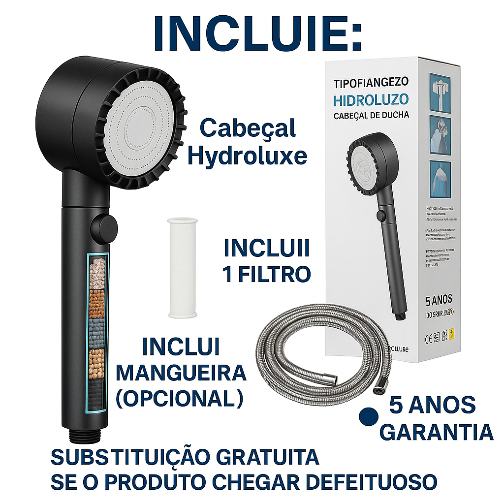 HYDROLUXE™ - Elimina o cloro e o calcário do teu duche. E aumenta a pressão poupando água em cada utilização. Inclui 2 filtros extra para un ano. (+Envio GRÁTIS)