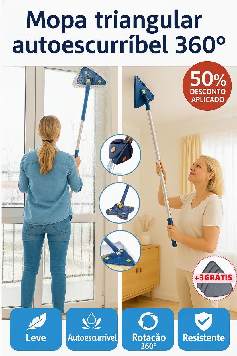 Mopup™ — A esfregona triangular que se escoa sozinha sem molhares as mãos e limpa tetos, vidros e cantos sem escadas nem esforço (+ 3 recargas GRÁTIS e envio GRÁTIS).