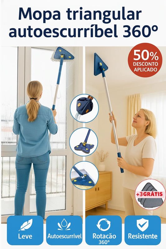 Mopup™ — A esfregona triangular que se escoa sozinha sem molhares as mãos e limpa tetos, vidros e cantos sem escadas nem esforço (+ 3 recargas GRÁTIS e envio GRÁTIS).