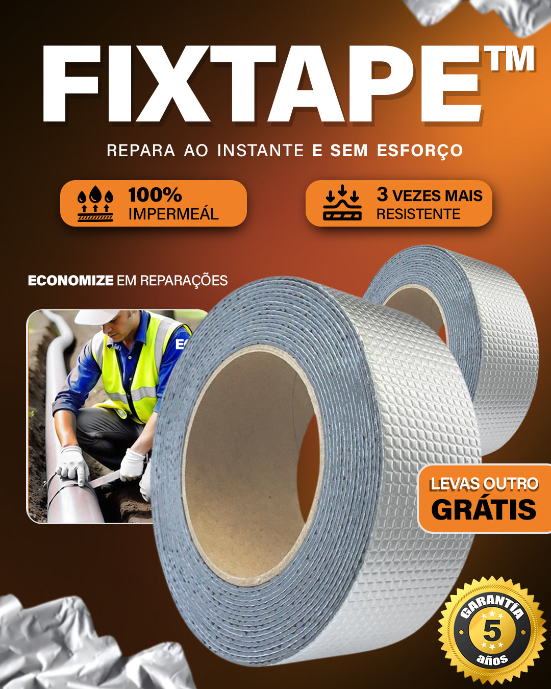 1 + 1 GRÁTIS | FIXTAPE™ - Repara ao instante e sem esfoço. (2 unidades de 10 cm x 5 m)