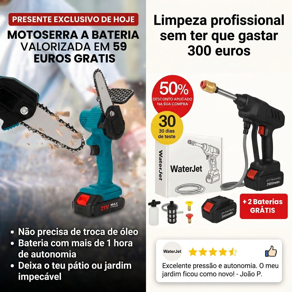 Hidrolavadora WaterJET PRO™ (Hoje 2 baterias GRÁTIS) + MOTOSERRA A BATERIA GRÁTIS enquanto durarem os stocks 2