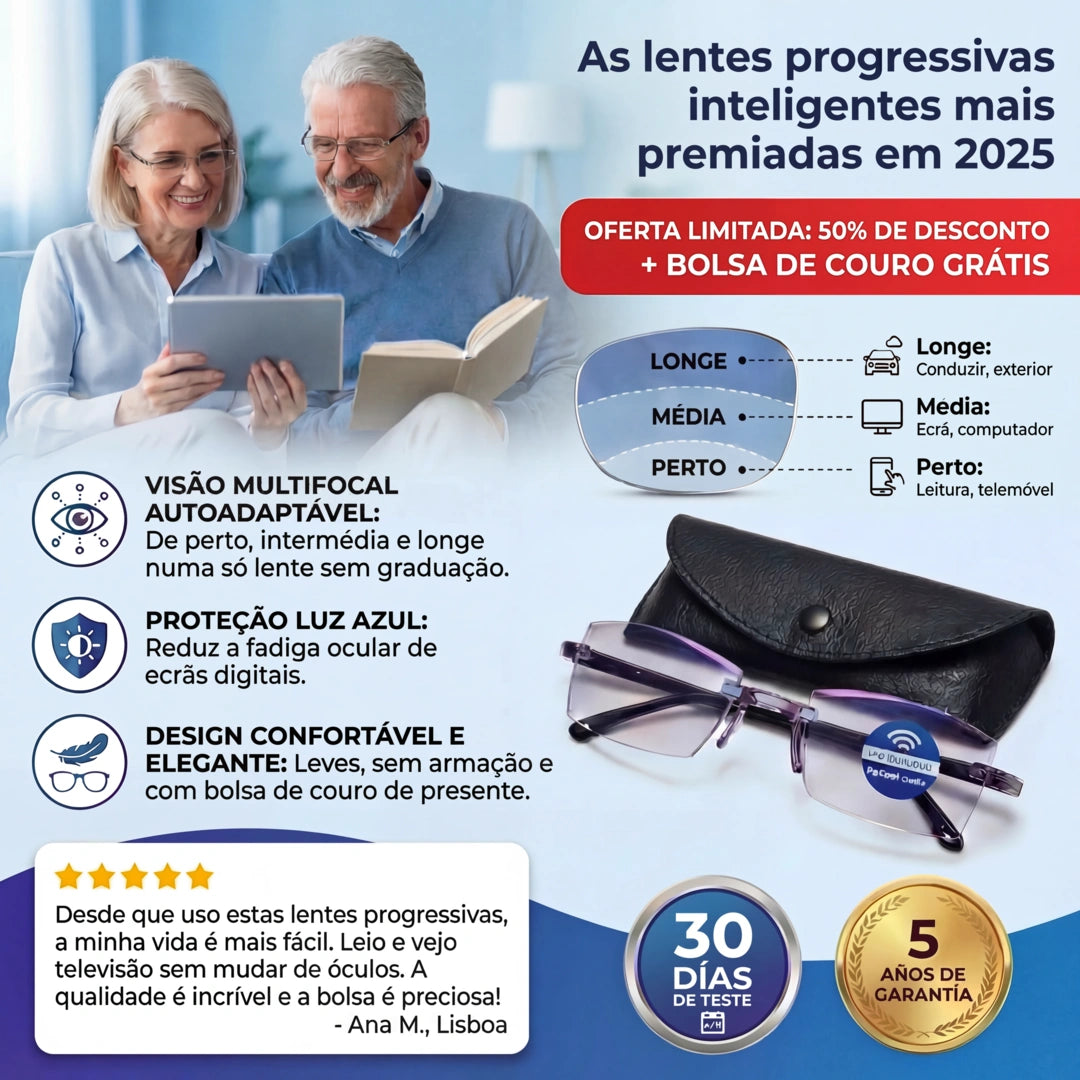 Gafas Blu Progresivas Inteligentes™ – Visão de perto, intermédia e ao longe numa única gafa (Não necessita de graduação, inclui estojo em couro e TESTE GARANTIDO de 30 DIAS)