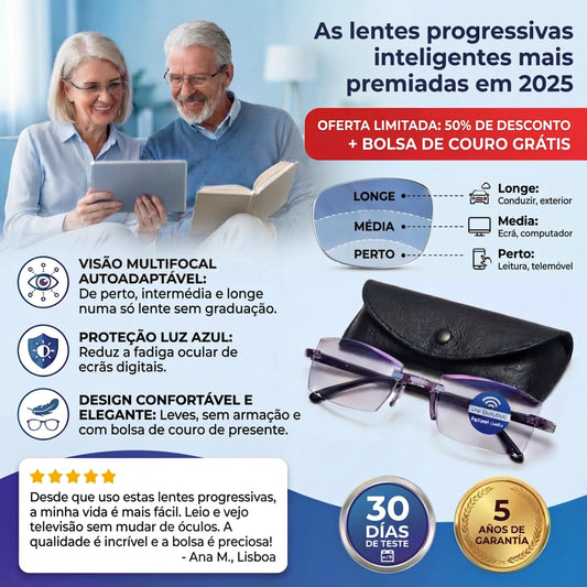 Gafas Blu Progresivas Inteligentes™ – Visão de perto, intermédia e ao longe numa única gafa (Não necessita de graduação, inclui estojo em couro e TESTE GARANTIDO de 30 DIAS)