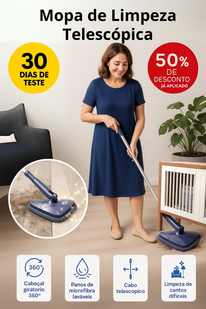 TriMop 360™ – A esfregona triangular que limpa até aos cantos mais difíceis sem esforço (Cabeça giratória 360° + Panos de microfibra laváveis + ENVIO GRÁTIS)